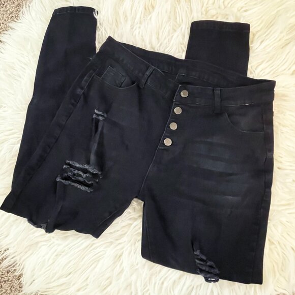 Distressed Button up Black Skinny Jeans - XXL - Picture 3 of 4